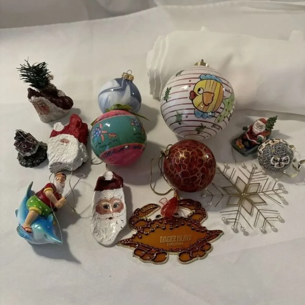Nautical Christmas Ornaments Lot of 13 fish turtle dolphin Santa driftwood shell